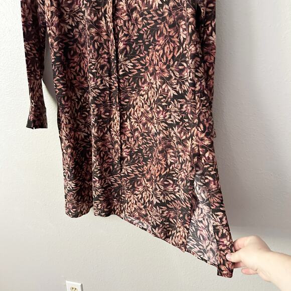 Peruvian Connection 100% Silk Leaf Print Long Sleeve Collared Tunic Size Large - Picture 5 of 13